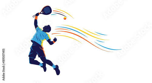 A tennis player jumps to hit a ball with a racket.