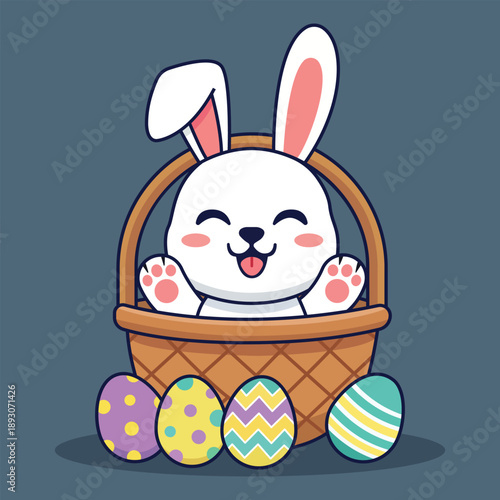 Joyful Easter Bunny and Decorated Eggs: a cute and happy bunny peeks out of a woven basket, surrounded by colorful, intricately decorated eggs, conveying the spirit of the holiday. 