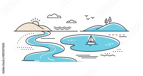 Abstract Water Landscape. Abstract water landscape. A stylized composition combining a river and lake with smooth flowing shapes. Modern, calm interpretation