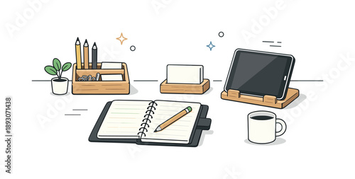 Minimalist Wooden Workspace. Workspace with wooden accessories. Modern desk scene featuring wooden organizer, notebook, pencils, and tablet stand, expressing