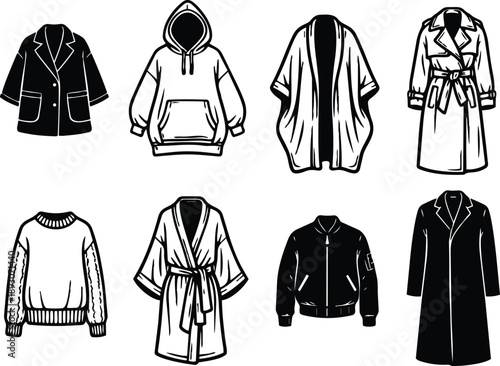 Line art set of eight coat and jacket icons front view flat vector for apparel labels ecommerce and print minimal aesthetic black outline simple sketch unisex