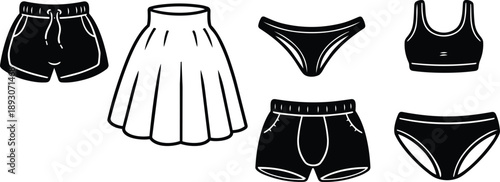 Line art flat design clothing icons set showing black underwear briefs sports bra shorts skirt front view isolated minimal vector illustrations on white clean bold outline