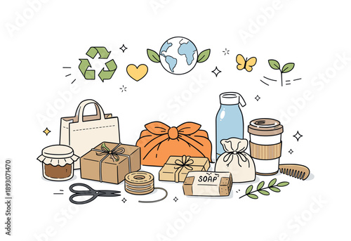 Eco-Friendly Gift Scene. Zero-waste gift giving. A simple scene showing reusable items and handmade gifts prepared for sharing. Thoughtful and intentional