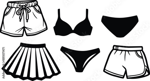 Line art vector clothing icons set showing two pairs of shorts bra three underwear pleated skirt top view simple black and white illustration for apparel design