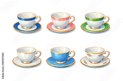 Elegant Tea Tableware. Tea tableware. Isometric flat vector icons set of tea tableware: classic teacup shape, matching saucer base, elegant cup curvature,
