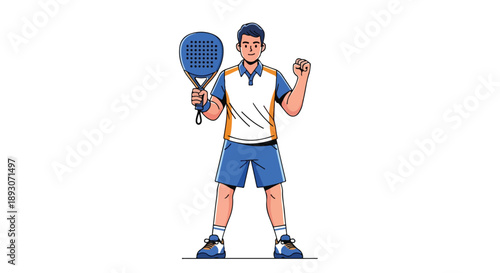 Man in tennis outfit holding racket and ball in celebratory stance.