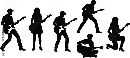 Silhouette vector rock band in various guitar poses including standing jumping kneeling and sitting with electric and acoustic guitars isolated on white bold contrast energetic lively