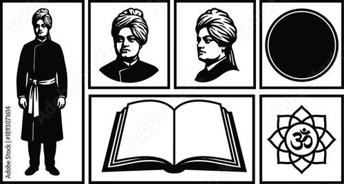 Linocut style framed grid with standing spiritual figure three profile headshots open book om mandala round seal black and white vector illustration high contrast bold strokes