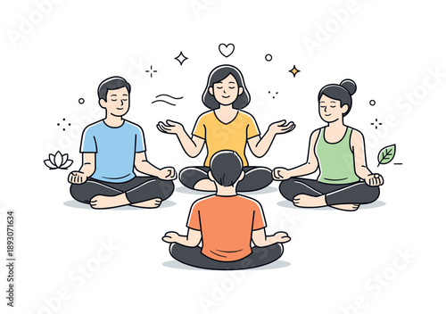 Guided Group Meditation. Group meditation guidance. An instructor gently guiding a small group with calm gestures. Supportive energy and shared relaxation