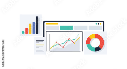 A collection of business graphs and charts on computer screens and paper.