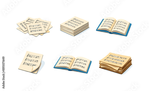 Sheet Music Icons. Sheet Music Stack. Isometric flat vector icons set of Sheet Music Stack: scattered sheet music pages, stacked music score papers, folded
