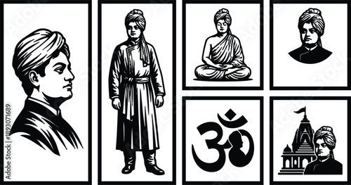 Linocut style framed portraits of turbaned monk bust full figure seated meditation om symbol and temple panels high contrast vector art bold composition profile looking left