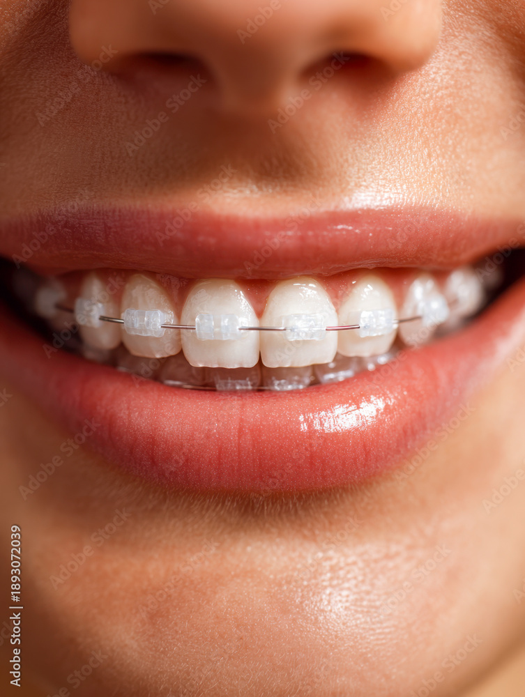 Obraz premium Close-up of healthy smiling mouth featuring translucent ceramic braces on teeth with well-moisturized skin providing natural dental care concept