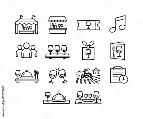 Wine Event Icons. Wine events. Line icon set of Wine events: wine festival tent, tasting booth, wine ticket, musical note, crowd icon, wine flight tray, event