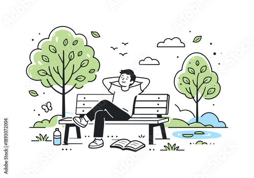 Spring Park Serenity. Spring park lifestyle scene. A person sitting on a bench surrounded by trees with fresh leaves, relaxed posture and peaceful mood. Quiet