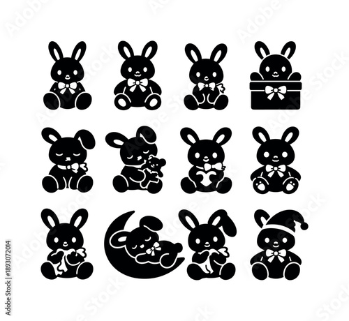 Cute Bunny Icons. Cute Bunny Toy. Solid icon set of Cute Bunny Toy: cartoon bunny, stuffed animal shape, baby bunny toy, gentle eyes, plush texture, snuggle