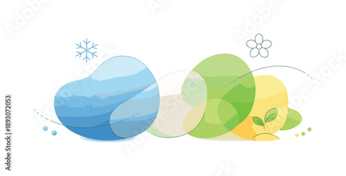 Abstract Seasonal Transition. Minimal gradient season change. Organic shapes transitioning from frosty textures to fresh spring tones, arranged in a clean