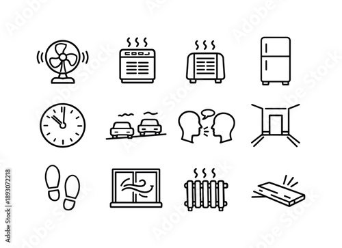 Ambient Room Icon Set. Ambient room sounds. Line icon set of Ambient room sounds: oscillating fan, air purifier hum, quiet heater, refrigerator hum, clock