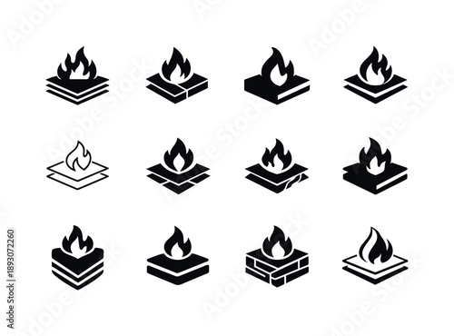 Heat-Resistant Icons Grid. Heat-resistant materials. Icon set. Set Logo of Heat-resistant materials: fireproof material sheet. harmonious logo variations of