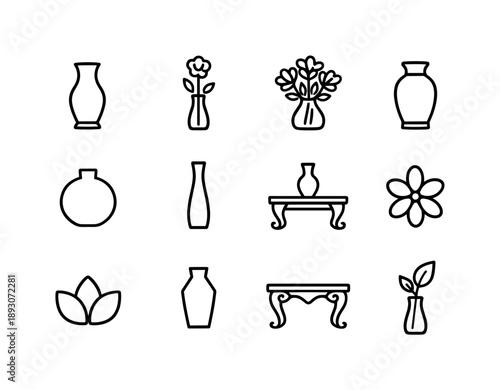 Minimalist Vase Icons. Tabletop Flower Vase. Line icon set of Tabletop Flower Vase: flower vase, single stem vase, bouquet in vase, ceramic vase shape, round
