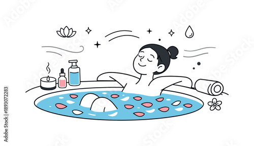 Relaxing Bath Scene. Calming post-exercise bath. Person reclining in water with floating petals and essential oils, enjoying a moment of mindful relaxation.