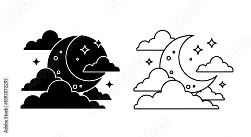 Moon night sky clouds stars illustration Vector