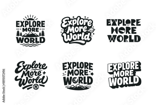 Creative Lettering Grid. Explore More World. Set lettering. harmonious lettering variations of the same emblematic concept, each with different artistic
