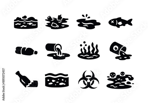 Polluted Stream Icons. Polluted stream. Solid icon set of Polluted stream: dirty water, trash in stream, oil slick, dead fish, plastic bottle, water pipe,