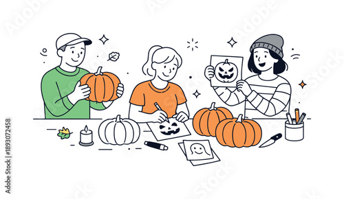 Pumpkin Carving Fun. Friends carving pumpkins preparation. Friends choosing pumpkins and sketching faces before carving. Playful planning and