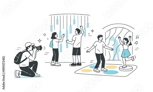 Interactive Art Engagement. Capturing interactive installations. Photographer documenting visitors interacting with immersive art pieces,