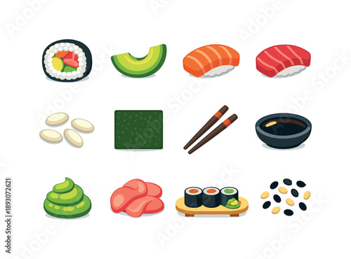 Sushi Icon Grid. Sushi Roll. Colorful flat vector icons set of Sushi Roll: sushi roll cross-section, avocado slice, salmon slice, tuna slice, rice grains, nori
