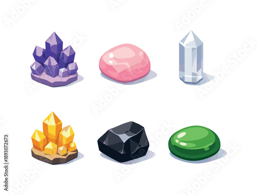 Isometric Crystal Grid. Crystal Healing Stones. Isometric flat vector icons set of Crystal Healing Stones: amethyst cluster, rose quartz stone, clear quartz
