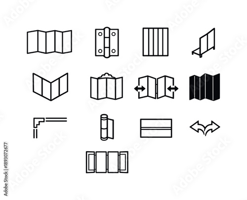 Folding Screen Icons. Folding screen. Line icon set of folding screen: four-panel divider, mid-panel hinge, panel pattern stripes, screen support foot, angular