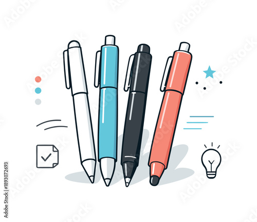 Minimalist Pens Art. Modern pens minimal scene. A few pens slightly staggered, gentle overlap suggesting variety without clutter. Simple design appreciation,