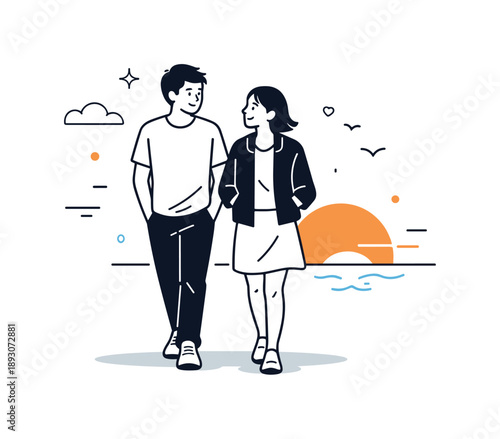 Sunset Stroll Couple. Sunset walk couple. Two people strolling side by side, gentle conversation and soft sunset glow behind them. Quiet connection and shared