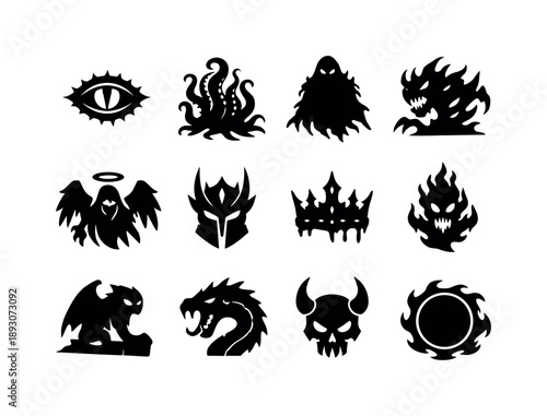 Abyssal Icon Set. Abyss Beings. Solid icon set of Abyss Beings: abyss eye, tentacle creature, deep shadow figure, void monster, corrupted angel, dark knight