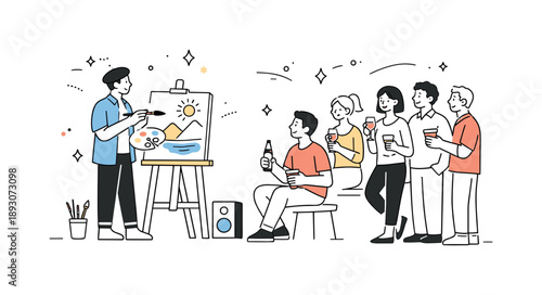 Creative Painting Event. Live painting performance. A painter stands near an easel while spectators gather with drinks, relaxed and curious. The scene shows