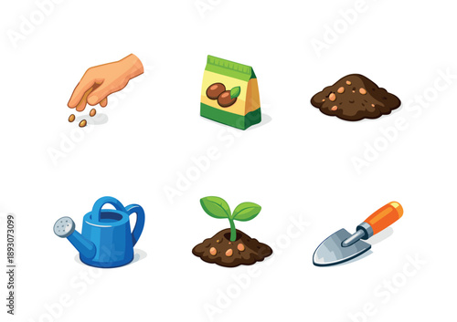 Isometric Garden Icons. Planting Seeds. Isometric flat vector icons set of Planting Seeds: hand sowing seeds, seed packet, soil mound, watering can, sprouting