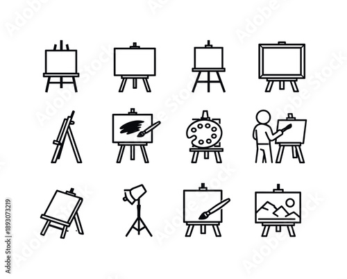 Artistic Easel Icons. Artistic Easel with Canvas. Line icon set of Artistic Easel with Canvas: standing easel, blank canvas, canvas on tripod, framed canvas,
