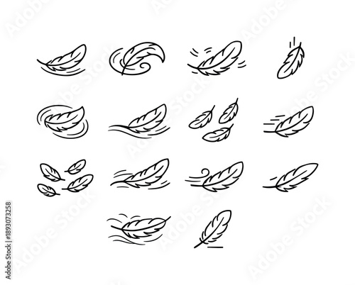 Feathers in Motion. Feathers in Motion. Line icon set of Feathers in Motion: drifting feather, swirling feather, fluttering plume, feather fall, feather