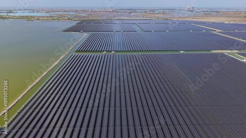 Aerial footage of solar power station on the beach of Yingge bay of Ledong, Hainan Province, China.