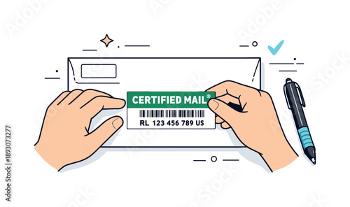 Minimalist Mail Sticker Design. Certified mail sticker design. Attaching a registration label to outgoing mail, focused and careful process. Minimal workspace