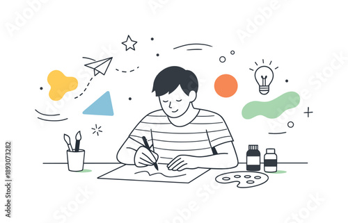 Creative Workshop Flow. Art workshop creative flow. Individual deeply focused on creating art while abstract shapes gently float around. Inspiration,