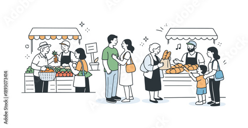 Farmers Market Vibes. Community farmers market. Visitors stopping at stalls with vegetables and bread, relaxed neighborhood mood and human connection, gentle