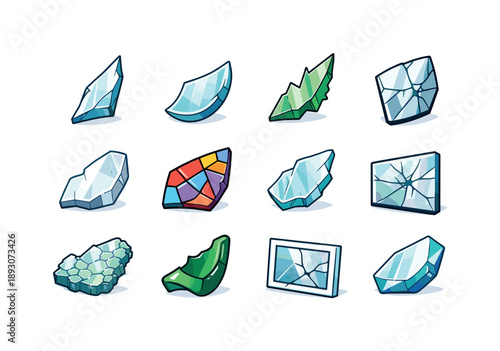 Colorful Broken Glass Icons. Broken glass. Colorful isometric vector icons set of broken glass: sharp chip, curved shard, jagged sliver, mirrored fragment,