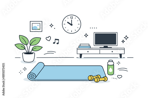 Home Workout Setup. Living room workout setup. A tidy home space with yoga mat, dumbbells, water bottle, and plant. The mood is organized, calm, and