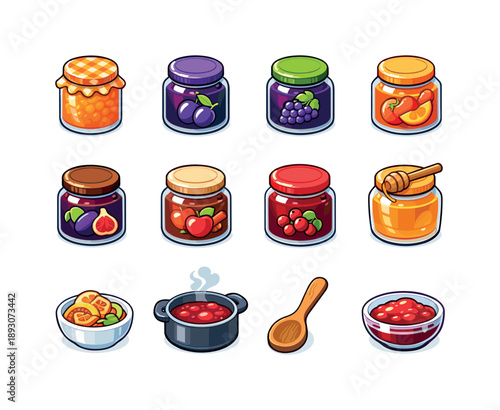 Colorful Fruit Preserve Icons. fruit preserves. Colorful isometric vector icons set of fruit preserves: marmalade jar, plum jam jar, grape jelly, peach