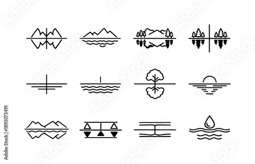 Mirror Icon Collection. Mirror Reflection. Line icon set of Mirror Reflection: symmetrical reflection, water mirror line, inverted landscape, perfect symmetry,