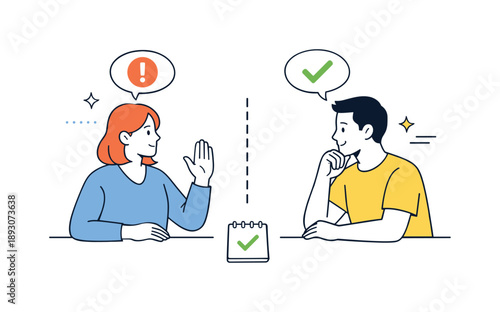 Respectful Dialogue Illustration. Confident communication skills. Two people engage in a respectful discussion, one clearly stating boundaries while listening