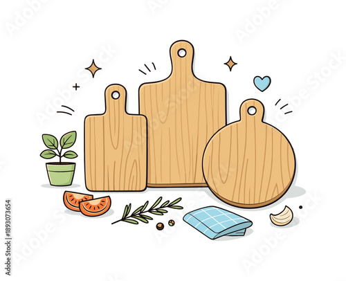 Eco-Friendly Kitchen Boards. Natural wood kitchen boards. Simple cutting boards with handles arranged in a clean layout, highlighting eco-friendly materials